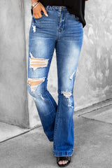 Distressed Flare Leg Jeans with Pockets