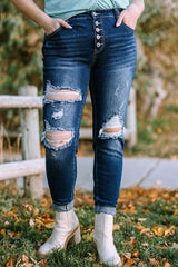 Plus Size Button Fly Distressed Jeans