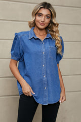 Puff Sleeve Collared Denim Top